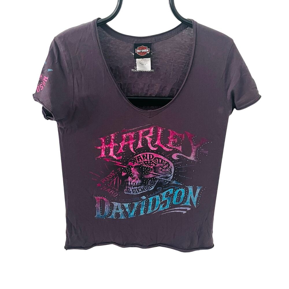 Harley Davidson Women’s M Purple Skull Rhinestone Ride Hard Graphic T Shirt